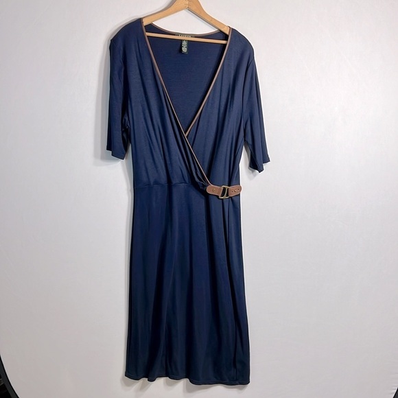 Lauren Ralph Lauren Elbow Sleeve Faux Wrap Navy Dress size XL - Picture 2 of 11